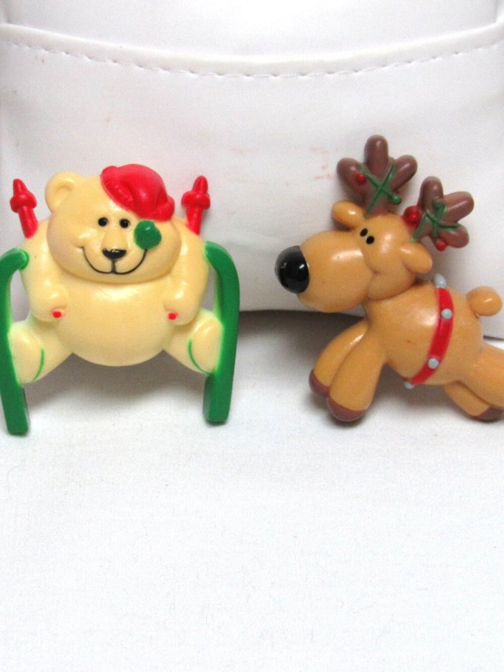 RUSS Children's PIN Set Lot of 2 Reindeer Skiing Teddy Bear Brooches Christmas